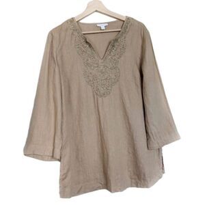 Charter Club‎ Linen Embellished Notched Tunic Top Womens Size L Tan Beige